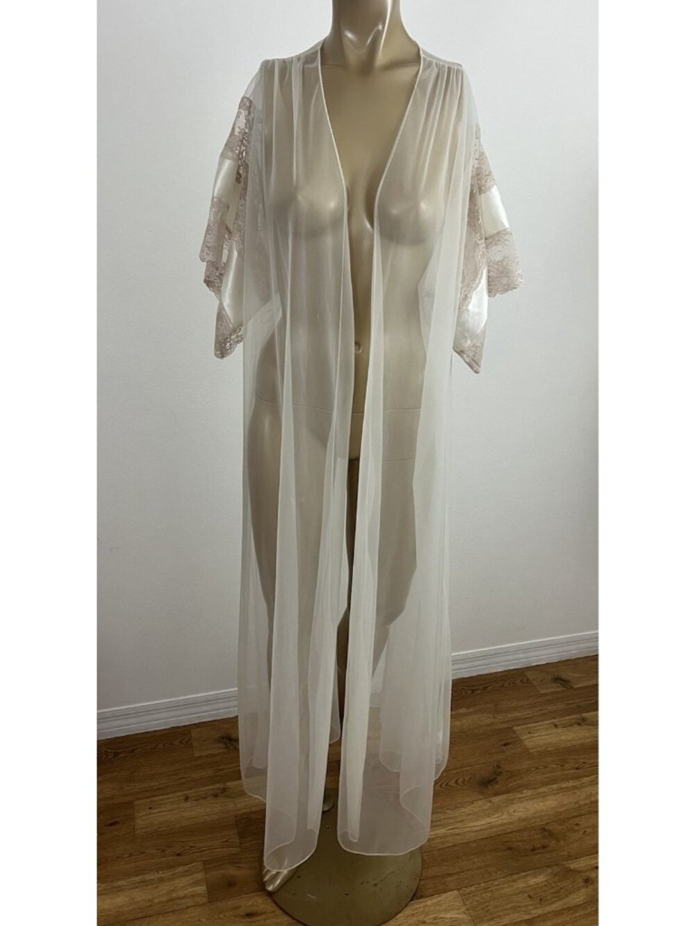 Vintage Val Mode Women's S Sheer Robe Nylon Lace Satin Trim Ivory - Picture 2 of 13